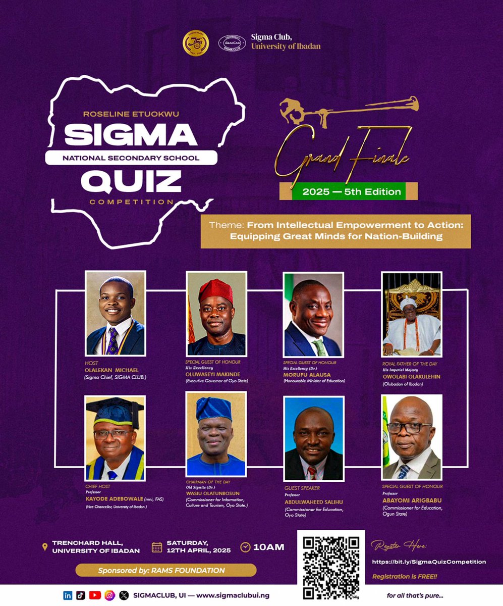 _sigmaclub_ui's tweet photo. Where Brilliance Meets Legacy! π
The Grand Finale of the 5th Roseline Etuokwu Sigma National Secondary School Quiz Competition is here!
ππ§
Registration is FREE π
https://t.co/vdNSlaBDHs
#SigmaQuiz
#SigmaClubUI
#NationBuilding
#GrandFinale
#PhilanthrophyinAction https://t.co/oyawdj2JFV