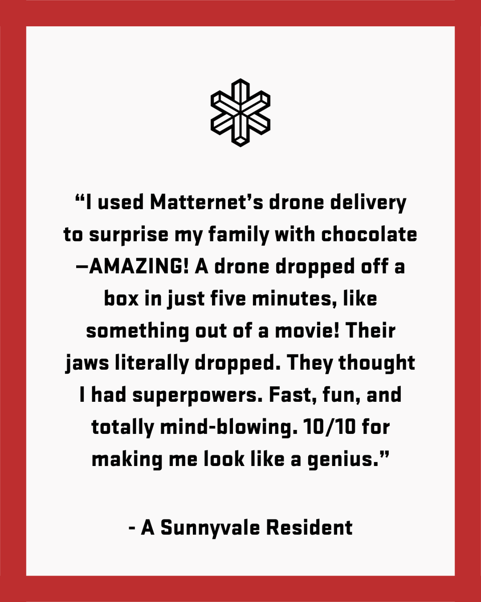 What happens when cutting-edge technology meets everyday convenience?

In Sunnyvale, a resident surprised their family with chocolate—delivered by drone in under five minutes. The result? A moment that felt like the future.

#DroneDelivery #InnovationInMotion #Matternet