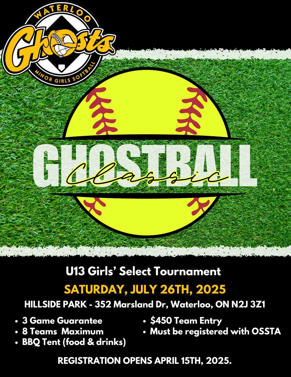 The Waterloo Minor Girls Softball Association is thrilled to present the First Annual Ghostball Classic.  OSSTA U13 teams will compete at Hillside Park on Saturday July 26th.  Registration opens on April 15th; access the registration portal here:  wmgsa.com/select.html