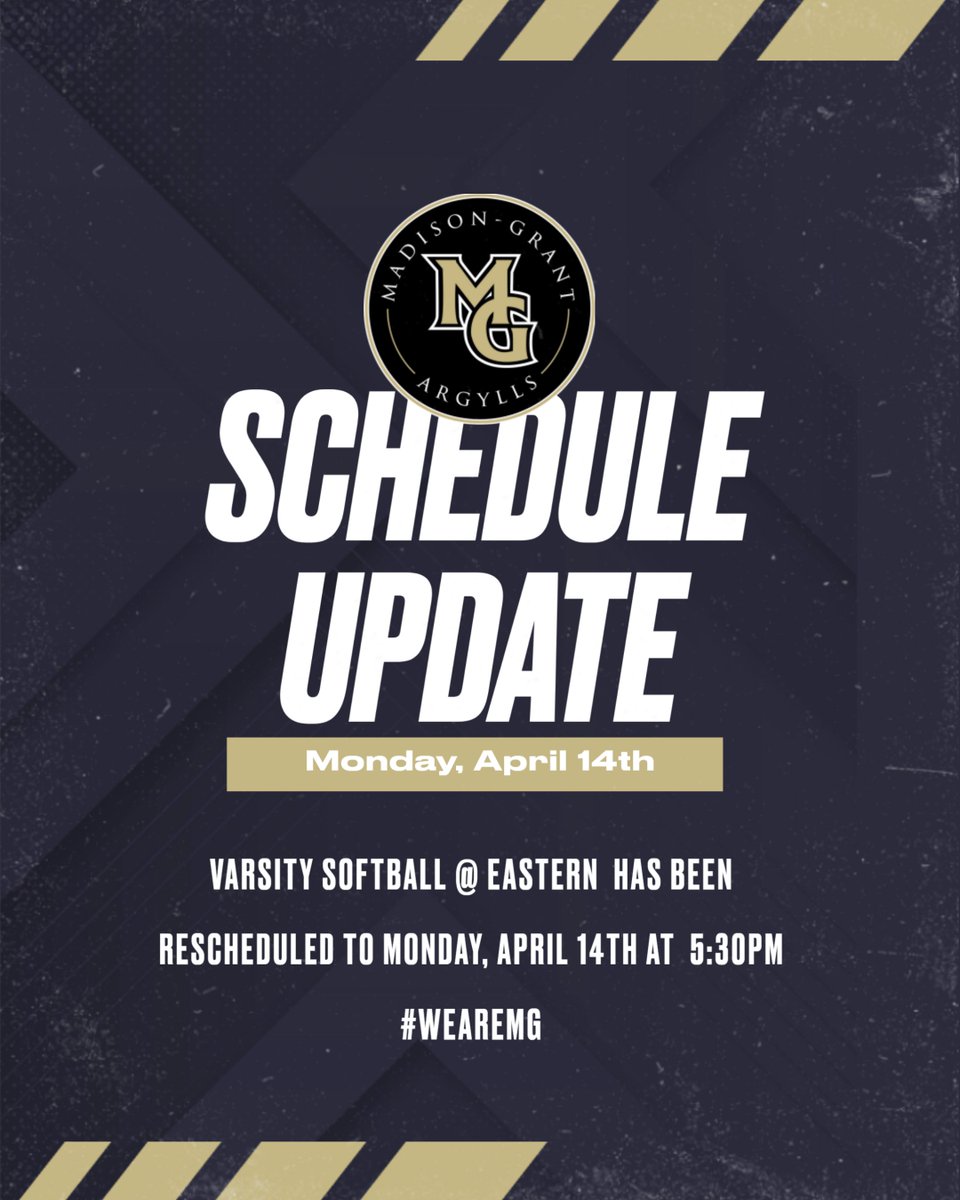 MG Assistant AD (@mg_athletics2) on Twitter photo Attention Argylls!
The Varsity Softball game that was postponed yesterday has been rescheduled for Monday, April 14th at Eastern with a start time of 5:30pm!
#WeAreMG <a href="/MG_Athletics1/">MG Athletics</a> Attention Argylls!
The Varsity Softball game that was postponed yesterday has been rescheduled for Monday, April 14th at Eastern with a start time of 5:30pm!
#WeAreMG <a href="/MG_Athletics1/">MG Athletics</a>