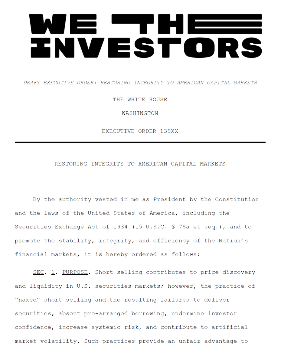 dlauer's tweet photo. We've taken the next step in our advocacy efforts to restore the integrity of American capital markets. @WeTheInvestors_ has posted a draft executive order for @POTUS to enact the short-selling reforms in our SEC petition - universal pre-borrow, end MM exception & fines on FTDs. https://t.co/pdxE9AtNqA