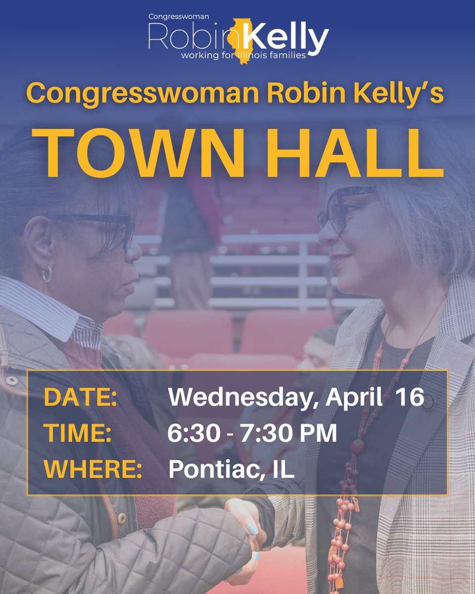 Robin Kelly (@reprobinkelly) on Twitter photo Iām touring the District to hear directly from YOU in a series of town halls.
Next Wednesday, Iāll be in Pontiac to listen to your concerns and answer your questions. Ed Yohnka with <a href="/ACLUofIL/">ACLU of Illinois</a> will also join us.
See you there!
RSVP here: forms.gle/HKcGGHnx8KpbFK⦠Iām touring the District to hear directly from YOU in a series of town halls.
Next Wednesday, Iāll be in Pontiac to listen to your concerns and answer your questions. Ed Yohnka with <a href="/ACLUofIL/">ACLU of Illinois</a> will also join us.
See you there!
RSVP here: forms.gle/HKcGGHnx8KpbFKā¦