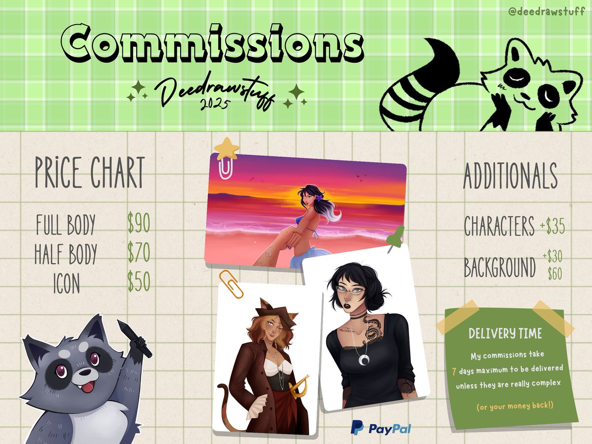 deedrawstuff's tweet photo. New chart just came out of the oven! 💚
I'll be displaying 6 commissions slots for this month.
Share and likes are appreciated! 💞
My portfolio if you'd like to see more of my work: https://t.co/hw1GpALj0t https://t.co/dewgkCneWC