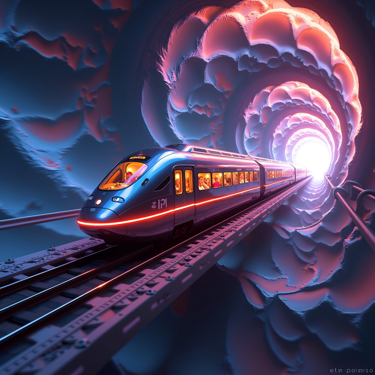 PromptSin's tweet photo. Riding the surreal wave through a cosmic tunnel 🚄✨ #Surrealism #Art #VisualFantasy #TrainTravel https://t.co/2o6OUUll6l