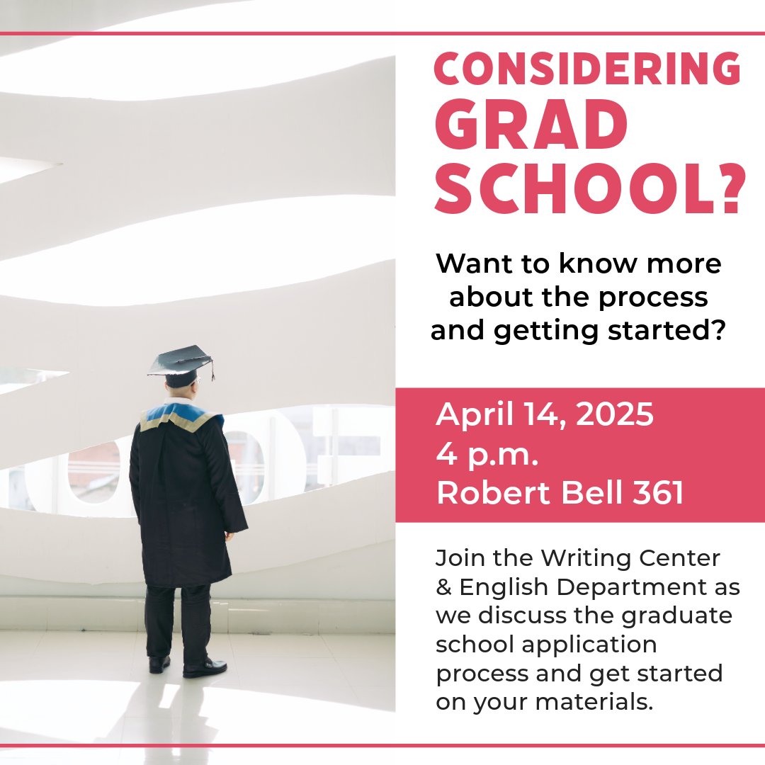 Writing Center @ BSU (@bsuwrites) on Twitter photo The Writing Center and English Department are discussing the application process for graduate school and what you should know before getting started on your materials. Join us at 4 p.m. Mon., April 14, 2025 in Robert Bell 361
#bsuwrites <a href="/bsuenglish/">Ball State English</a> @gradschool_bsu The Writing Center and English Department are discussing the application process for graduate school and what you should know before getting started on your materials. Join us at 4 p.m. Mon., April 14, 2025 in Robert Bell 361
#bsuwrites <a href="/bsuenglish/">Ball State English</a> @gradschool_bsu