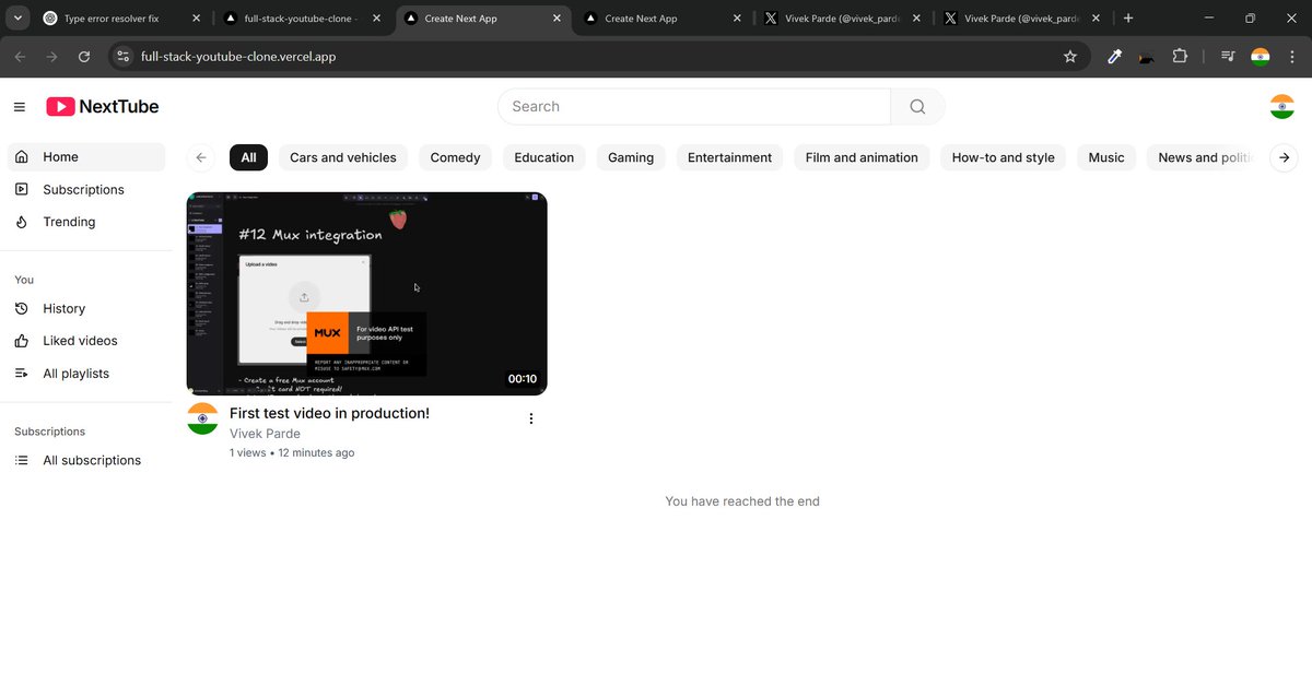 vivek_parde's tweet photo. Day 95 of #100DaysOfCode

✅ Finished and deployed NextTube -a full-stack YouTube clone built with Next.js 15
🚀 Live now: https://t.co/5PGnbbZKOi
Github: https://t.co/Kt5PrbQ9f6

Thanks to @codewithantonio for amazing videos!

Would love your feedback or suggestions! 💬 https://t.co/T3NscCrqUp