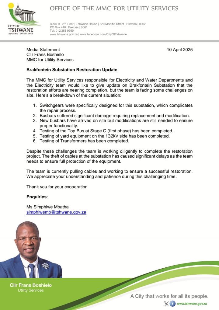 MMCBoshielo's tweet photo. Brakfontein Substation Restoration Progress Report dated 10 April 2025 @CityTshwane @nasiphim @kholofeloMorodi https://t.co/YA0BP2veJi