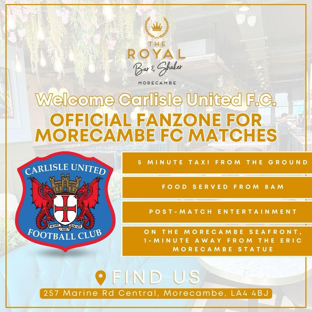 Good Evening <a href="/officialcufc/">Carlisle United</a>, <a href="/CarlisleUtdSG/">Carlisle United SG</a>, <a href="/CUFCCST/">Carlisle United CST</a>,<a href="/carlisleunited/">Carlisle United</a>,  I wanted to introduce you to our pub <a href="/RoyalBarShaker/">The Royal Bar & Shaker</a>.  Once again we are this season’s Morecambe FC official away fans pub. 

We look forward to welcoming you to our bar on Saturday! We will be open