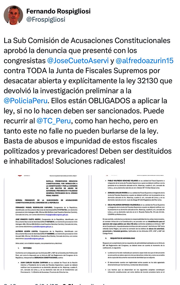 Hace 2 días la Com de Constitución que preside el fujimorismo, y que justo esa sesión no la dirigió Rospigliosi sino Aragón, aprobó una modificación impulsada por su propio grupo político para tener una via más rapida para suspender a altos funcionarios (eso incluye fiscales o