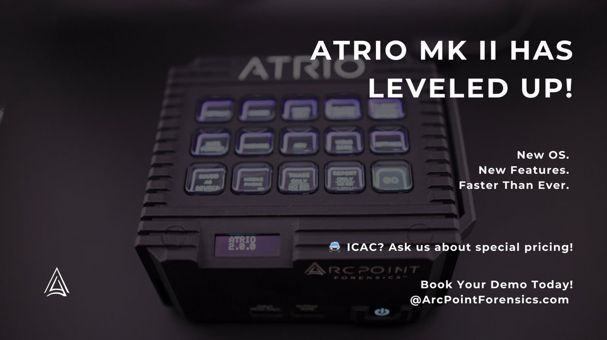 🚨 ATRIO MK II just leveled up!
New OS ✅ New features ✅ Faster than ever ⚡

Now’s the time to book your demo!
💥 ICAC? Don’t forget to ask about special pricing.

#MobileForensics #ATRIO #DigitalForensics #ICAC #DFIR #Evanole #iLEAPP #vLEAPP #aLEAPP