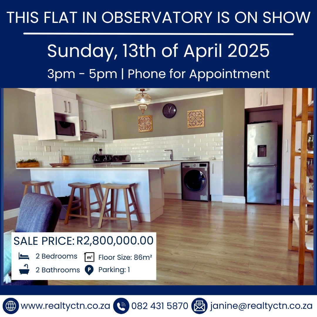 JVanNiekerkCPT's tweet image. 🏡 Exciting News! Join us for an OPEN SHOW of this stunning 2-bedroom flat in Observatory this Sunday, April 13th, from 3-5pm! Enjoy modern comforts and breathtaking mountain views! 💰 Priced at R2,495,000. Call Janine Van Niekerk at 082 431 5870 for a private viewing! #OpenShow