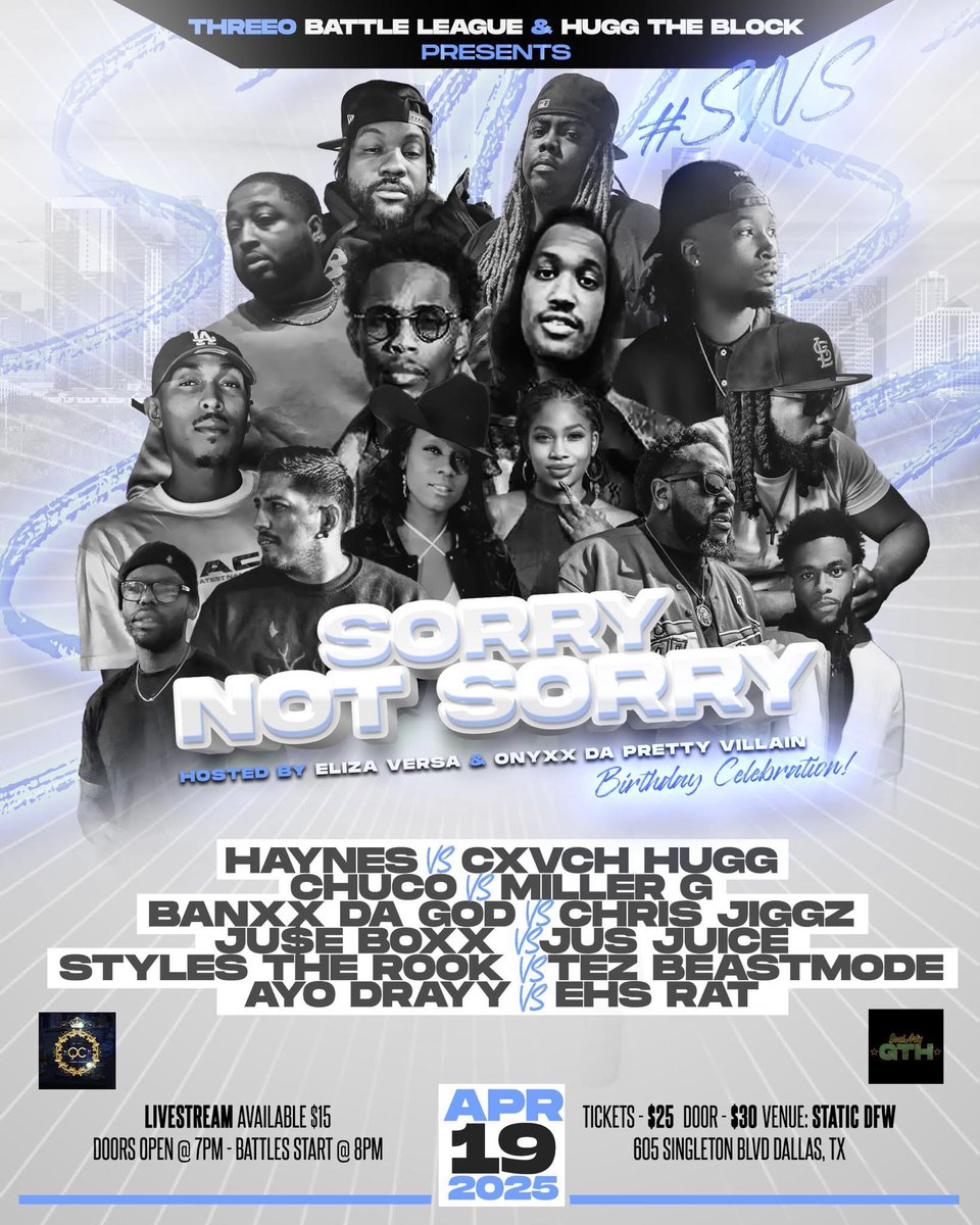 AyeItsDrayy's tweet photo. ThreeO Battle League &amp; @play4coach Presents: SORRY NOT SORRY — Hosted by: @eliza_versa96 @DarealOnyxx 🤠🖤

AYO DRAYY💥 vs EHS RAT🐀®️ #CoMainEvent

April 19th
605 Singleton Blvd, Dallas, Tx

Doors Open: 7p
Battles Start: 8p

This My 3rd Battle.. Remember My Name⏳🤫
#DallasVsSTL https://t.co/DAy3utUT2w