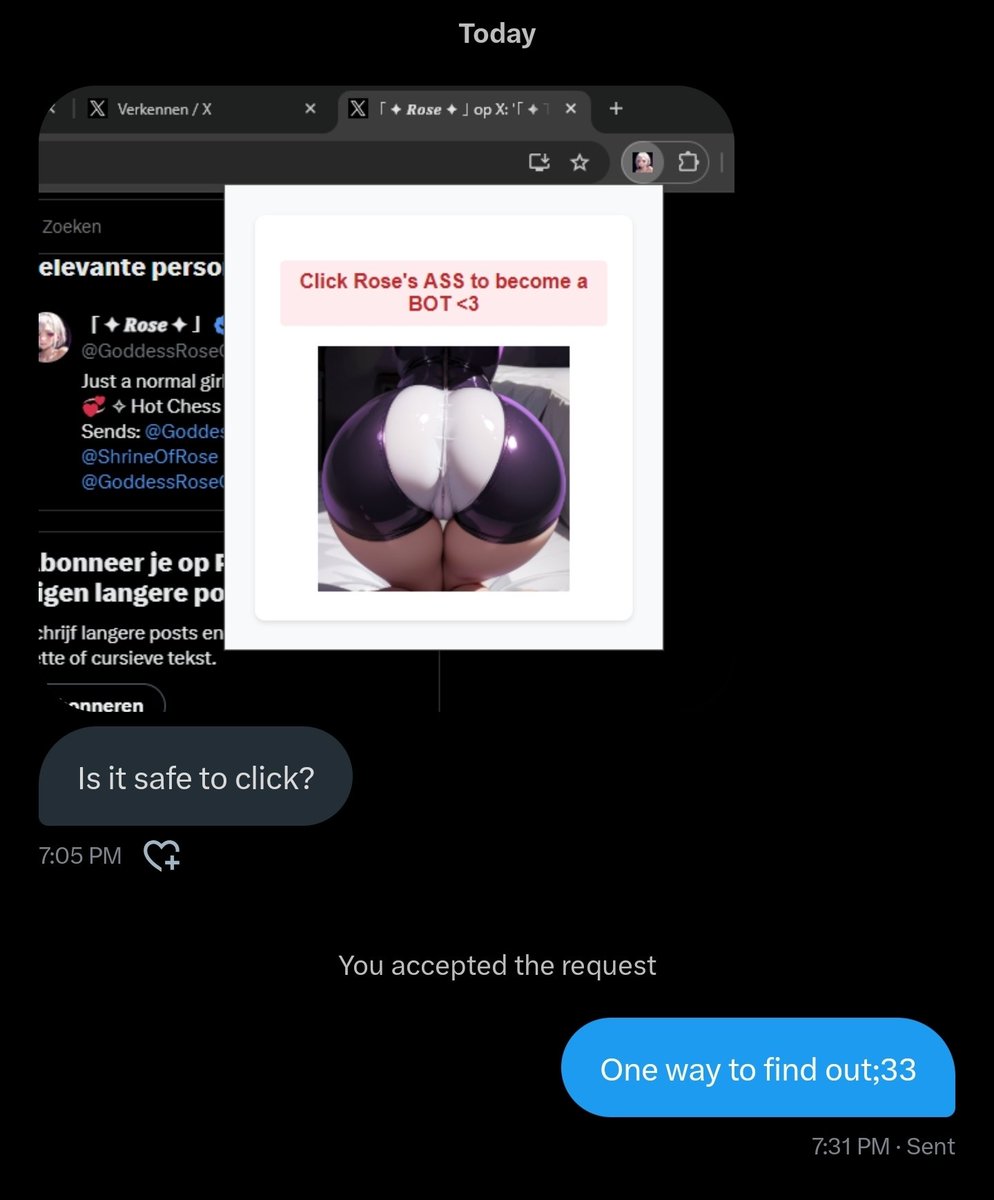 GoddessRoseOwO's tweet photo. of course my CHROME EXTENSION is totes safe to click~💖 it's not like it'll turn you into a MINDLESS BOT right? lol💋

❤️‍🔥 NO THINKING, JUST CLICKING ❤️‍🔥

Yes     Yes     Yes  
  ↓         ↓         ↓

https://t.co/Umoc4Pj0tB https://t.co/5UV4GQNK0m