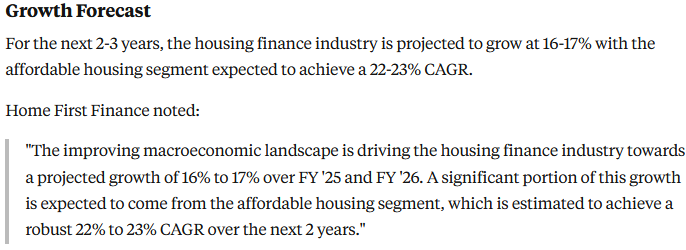 HiteshRandhawa's tweet photo. Affordable Housing Sector is gaining limelight and maybe has been the strongest sub-sector in this market correction.

For the next 2-3 years, the housing finance industry is projected to grow at 16-17% with the affordable housing segment expected to achieve a 22-23% CAGR!

Quite a few catalysts in place for the sector:
1. #PMAYUrban 
2. Govt's mortgage guarantee scheme for lower income group
3. Personal Income Tax slab revision benefits for people earning upto 12 lacs
4. 2nd home tax benefit announced in budget
5. Falling Interest Rates

Had prepared HFC Trends and Outlook report (for personal consumption and few friends) basis Q3FY25 Earnings Call of the companies that can be found here https://t.co/pUOrE2eYfc

Hope the community finds it useful.

#AADHARHFC #AAVAS #INDIASHLTR #HOMEFIRST #APTUS #BAJAJHFL #PNBHOUSING #CANFINHOME #REPCOHOME #LICHSGFIN