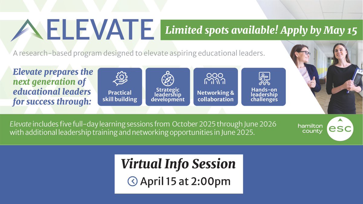 Elevate is a new leadership program designed to support:
-Aspiring Assistant Principals &amp; Principals  
-Early-career Assistant Principals &amp; Principals (Years 1-2) 

Learn more &amp; join us for a Virtual Info Session on April 15 at 2:00 PM! 

Register ➡️ bit.ly/3QTYgbF