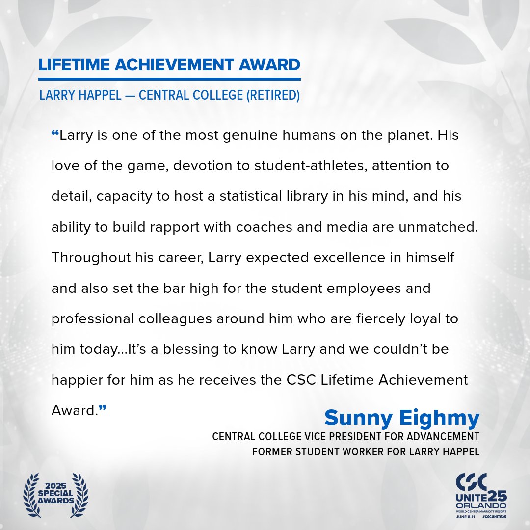 CollSportsComm's tweet photo. Hearing from Sunny Eighmy (@eighmys), @CentralCollege VP for Advancement, on 2025 CSC Lifetime Achievement Award recipient Larry Happel (@CentralStatGuy) of @CentralDutch: https://t.co/nkQzuxRzBS