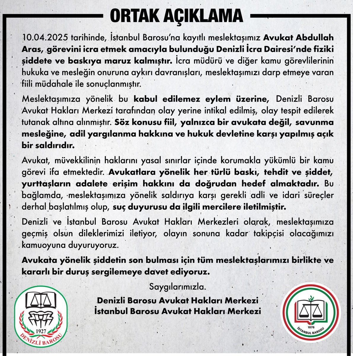 istanbulbaroAhm's tweet photo. ORTAK AÇIKLAMA

10.04.2025 tarihinde, İstanbul Barosu’na kayıtlı meslektaşımız Avukat Abdullah Aras, görevini icra etmek amacıyla bulunduğu Denizli İcra Dairesi’nde fiziki şiddete ve baskıya maruz kalmıştır. https://t.co/3GStPyFyqe