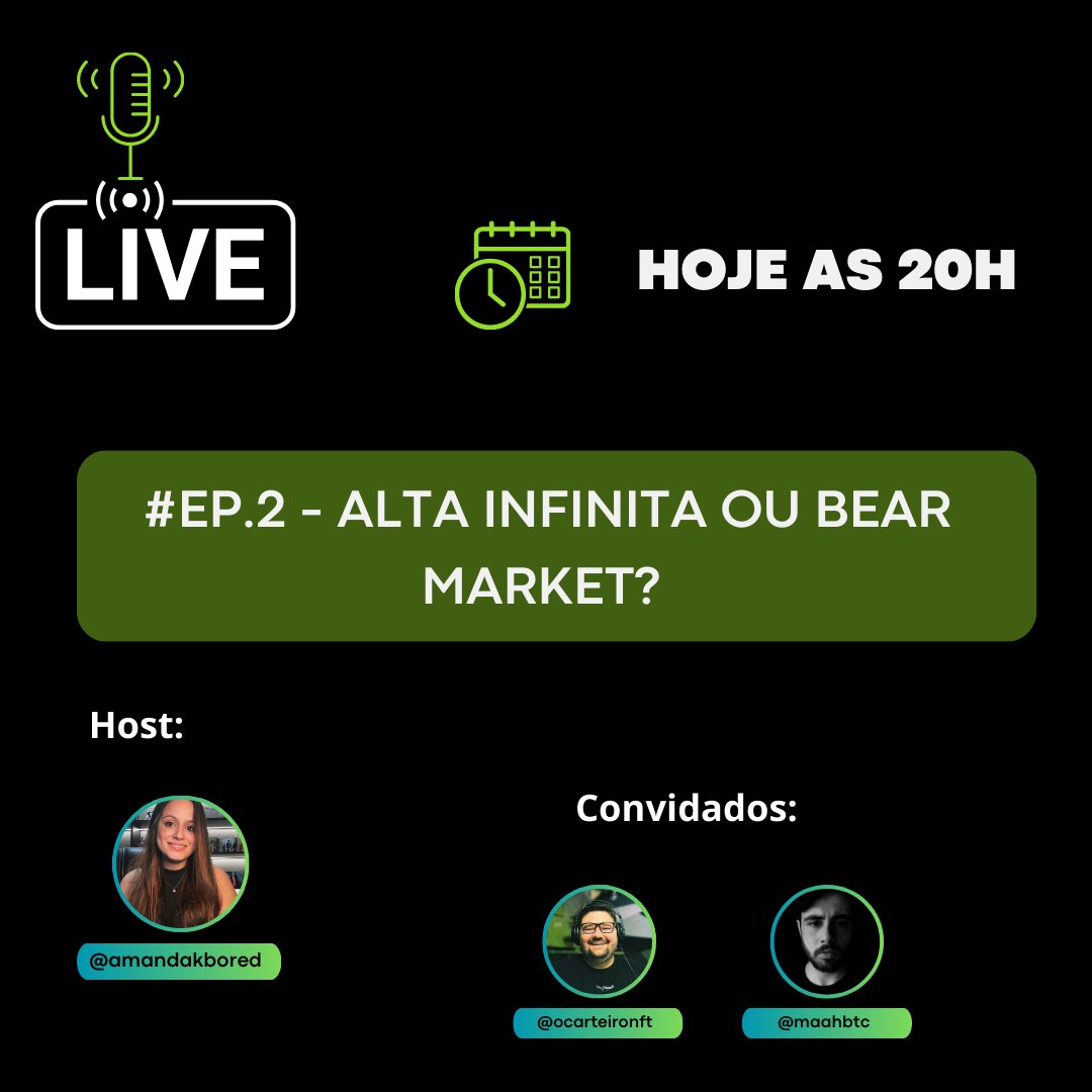 Aeternumpactum's tweet photo. 🚨 LIVE #EP2 - Hoje às 20h!  
Alta Infinita ou Bear Market?

A @amandakbored , vai hostear um papo insano com
@ocarteironft  e @maahbtc !

Venha saber o que o mercado está projetando, o que está interferindo e o que esperar para os próximos dias!

🔁 Compartilha ai que o papo vai ser muito legal.