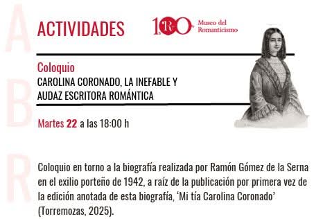 En el <a href="/MRomanticismo/">Museo del Romanticismo</a> dialogaremos sobre Carolina Coronado con motivo de la edición anotada de "Mi tía Carolina Coronado" (<a href="/torremozas/">Ediciones Torremozas</a>). 

¡Nos vemos el martes 22 a las 18 horas! Entrada libre hasta completar aforo. 👇

cultura.gob.es/mromanticismo/…