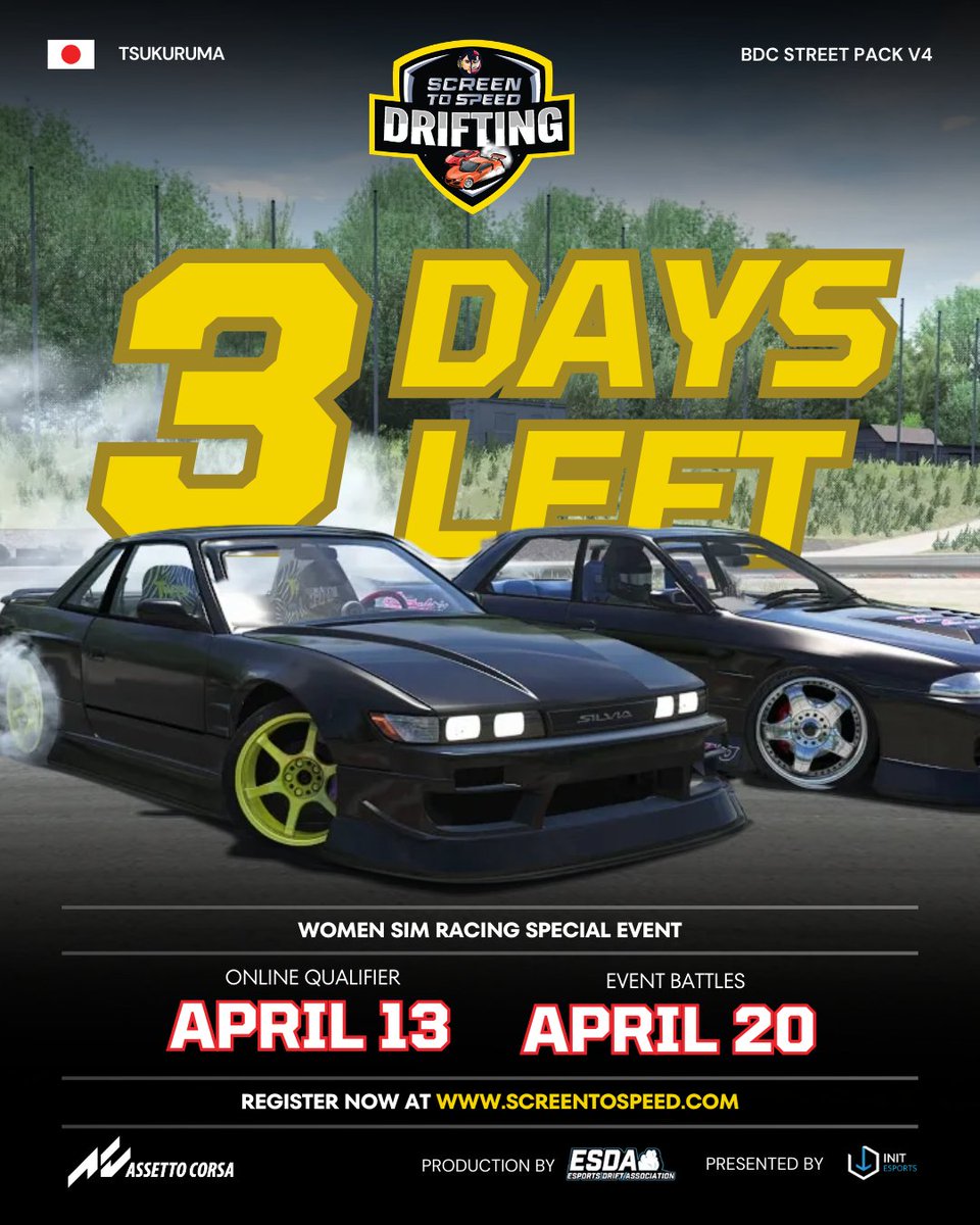 screentospeed's tweet photo. 3 days to go until the Screen to Speed: Drifting Edition hits the track! 🏁🔥
Get ready for a high-octane showdown where precision meets pure adrenaline. Who’s taking the top spot this time?
Register at https://t.co/Pr6ZYaSmhN
#INITTalks #SimRacing #Gaming #Motorsports https://t.co/EfGaFebBI4