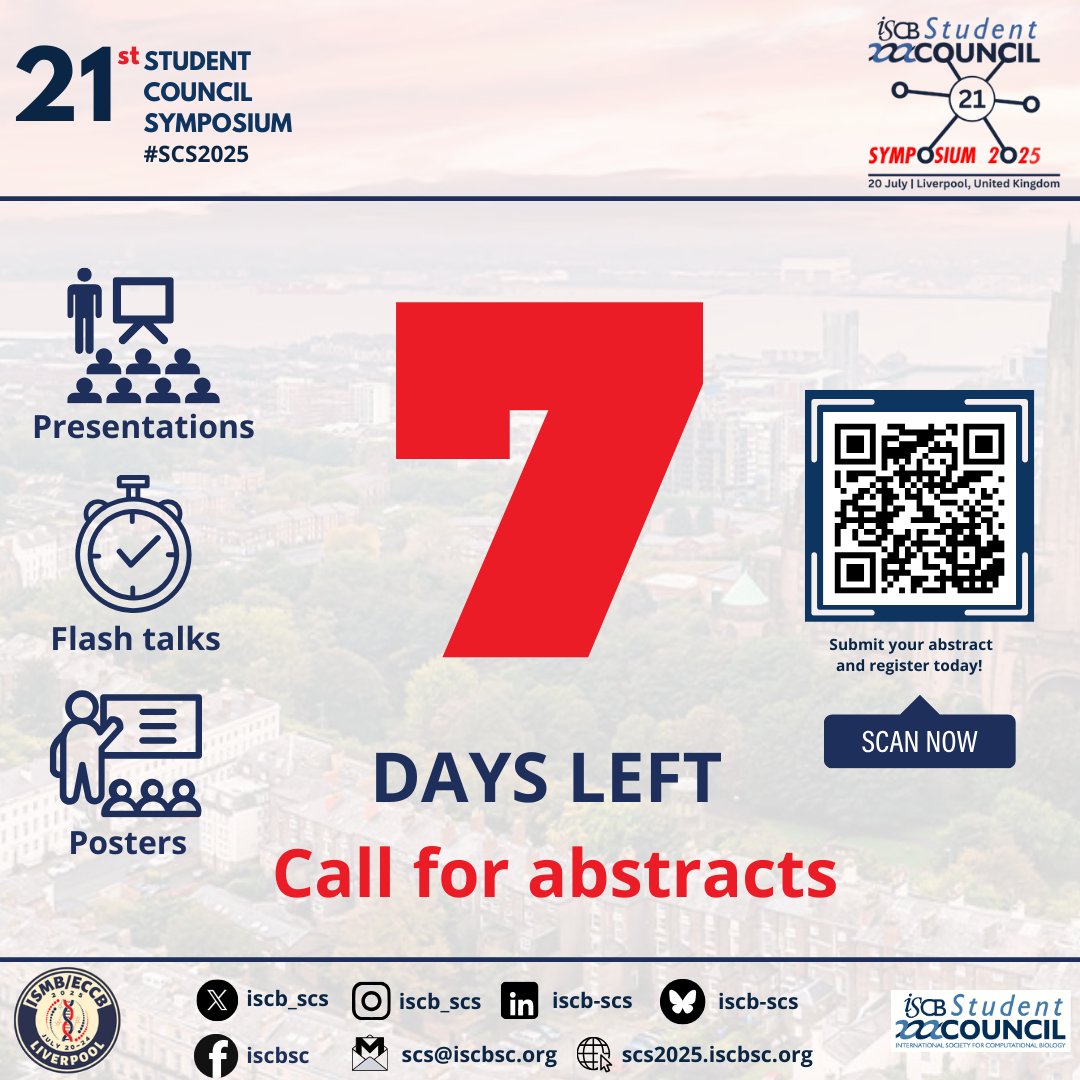 🚨 Attention all Computational Biology and Bioinformatics researchers!    

⏰ Only 7 days left until the deadline to submit abstracts for the ISCB Student Council Symposium 2025 (SCS2025)!  

#SCS2025 #ComputationalBiology #Bioinformatics