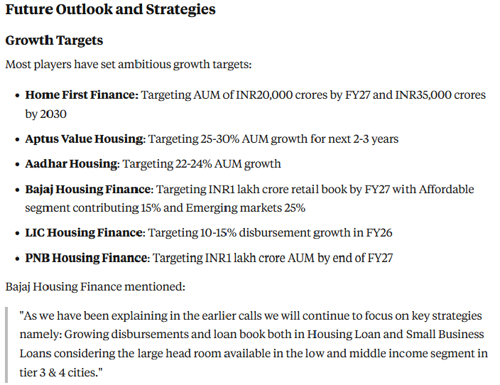 HiteshRandhawa's tweet photo. Affordable Housing Sector is gaining limelight and maybe has been the strongest sub-sector in this market correction.

For the next 2-3 years, the housing finance industry is projected to grow at 16-17% with the affordable housing segment expected to achieve a 22-23% CAGR!

Quite a few catalysts in place for the sector:
1. #PMAYUrban 
2. Govt's mortgage guarantee scheme for lower income group
3. Personal Income Tax slab revision benefits for people earning upto 12 lacs
4. 2nd home tax benefit announced in budget
5. Falling Interest Rates

Had prepared HFC Trends and Outlook report (for personal consumption and few friends) basis Q3FY25 Earnings Call of the companies that can be found here https://t.co/pUOrE2eYfc

Hope the community finds it useful.

#AADHARHFC #AAVAS #INDIASHLTR #HOMEFIRST #APTUS #BAJAJHFL #PNBHOUSING #CANFINHOME #REPCOHOME #LICHSGFIN