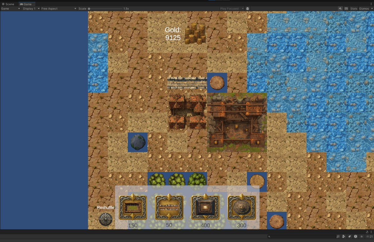 ant77man's tweet photo. Got my gold generating buildings working in the game. Found and squashed a bug that had to deal with double prefabs being placed. I also Got the cost of prefabs to show up for each selection as well. #Gamedev #AI #Coding #indiedev #AICoding #Towerdefense #RPGLite #RTS https://t.co/yWfrfg5XSg