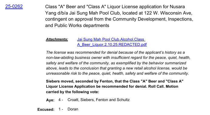 AllAppleton's tweet photo. Safety And Licensing Committee Recommends Denial Of Alcohol License For Jai Sung Mah Pool Club Citing The Applicant's "History As A Non-Law-Abiding Business Owner With Insufficient Regard For The Peace, Quiet, Health, Safety And Welfare Of The Community."
https://t.co/TxGiTZJMbL https://t.co/mFcupE5cF7