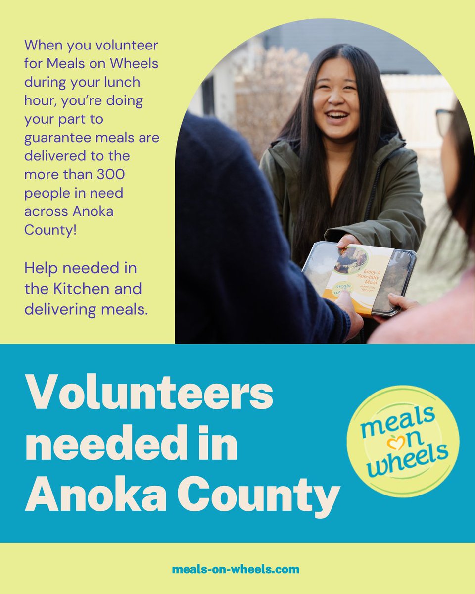 Hey Anoka County! Meals on Wheels &amp; More in Anoka County is looking for some more volunteer help, including in their kitchen! Learn more and sign up directly, here: mowanoka.org/volunteer/