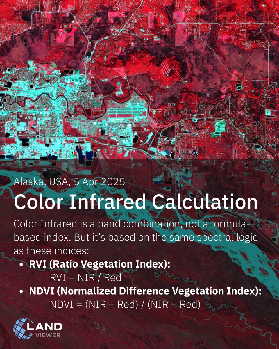 EOSDALandViewer's tweet image. Want to see #vegetation health at a glance?
The #ColorInfrared band combination makes it easy — healthy plants pop in red, stress stands out in pale tones, and water/urban areas contrast clearly: bit.ly/43TDXCV