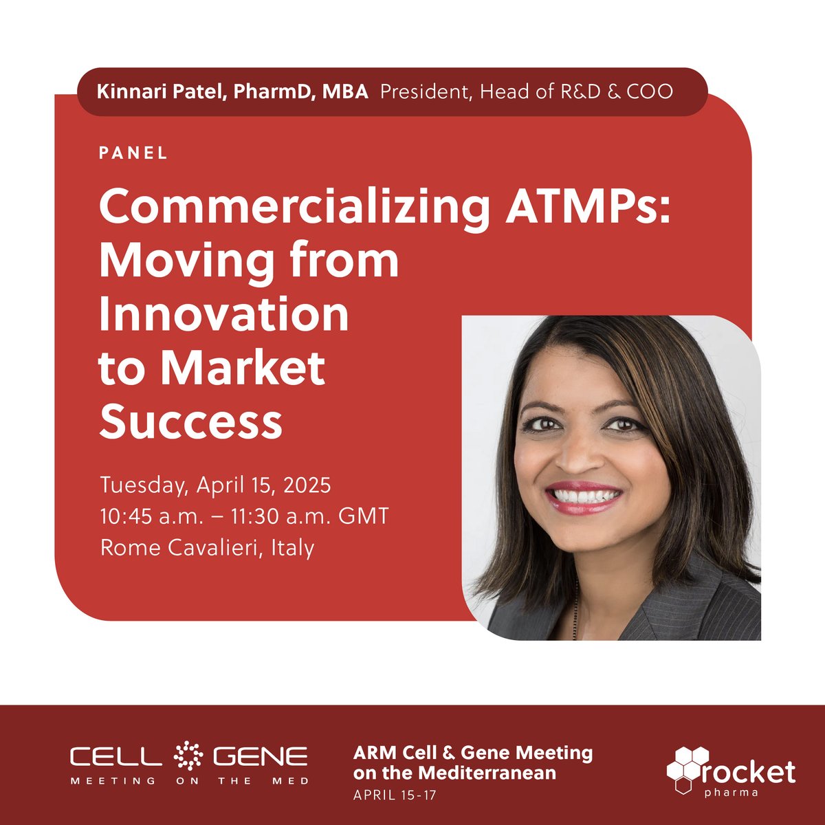 Rocket Pharmaceuticals (@rocketpharma) on Twitter photo Next week, #TeamRocket President, Head of R&D, and COO Kinnari Patel, PharmD, MBA will join a panel at the <a href="/alliancerm/">Alliance for Regenerative Medicine (ARM)</a> Cell & Gene Meeting on the Med.
Learn more: meetingonthemed.com/agenda/ Next week, #TeamRocket President, Head of R&D, and COO Kinnari Patel, PharmD, MBA will join a panel at the <a href="/alliancerm/">Alliance for Regenerative Medicine (ARM)</a> Cell & Gene Meeting on the Med.
Learn more: meetingonthemed.com/agenda/