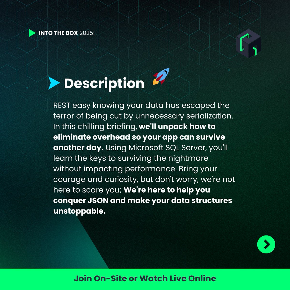 ortussolutions's tweet image. Use JSON to Slash Your Database Performance, Join Bill Reese at Into the Box 2025 to learn how to eliminate overhead, avoid unnecessary serialization, and make your app faster and more secure by using Microsoft SQL Server and JSON.
In this session, you’ll discover how to:
⚡…