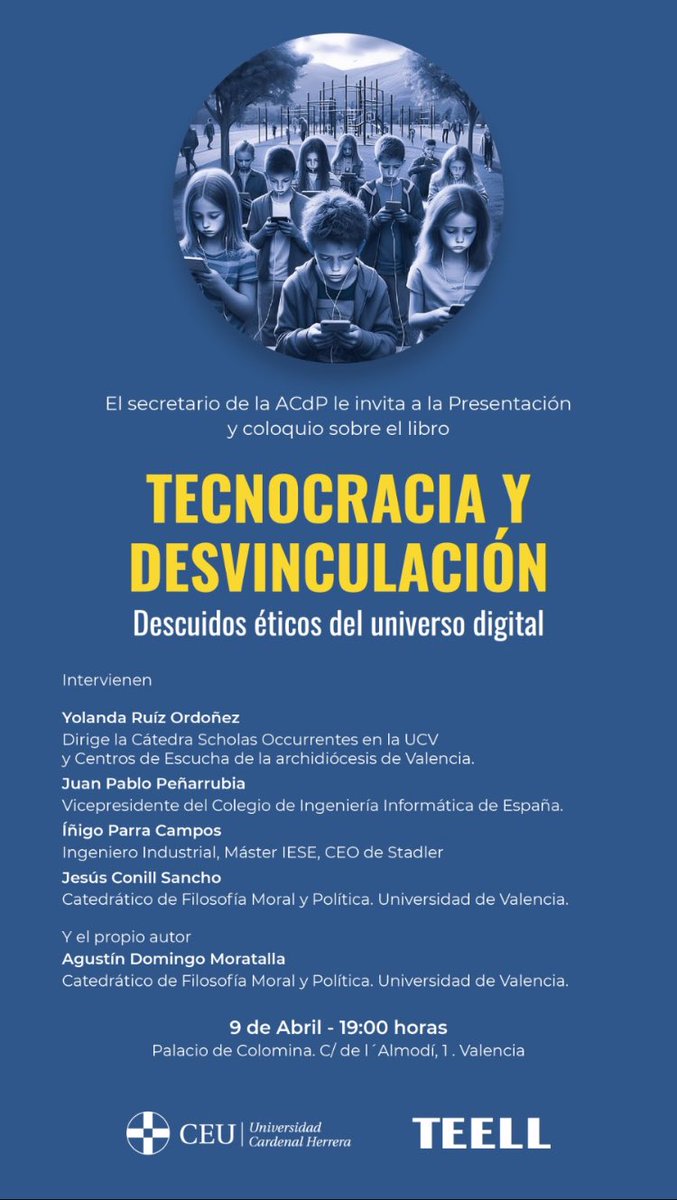 TeellEditorial's tweet photo. Estupenda presentación ayer en el Palacio de Colomina en Valencia de ‘Tecnocracia y desvinculación’ de @adomingom 
¡Se vivió un gran ambiente!
Destacar la calidad de los participantes.
Gracias a todos. https://t.co/mzb8XRxizJ