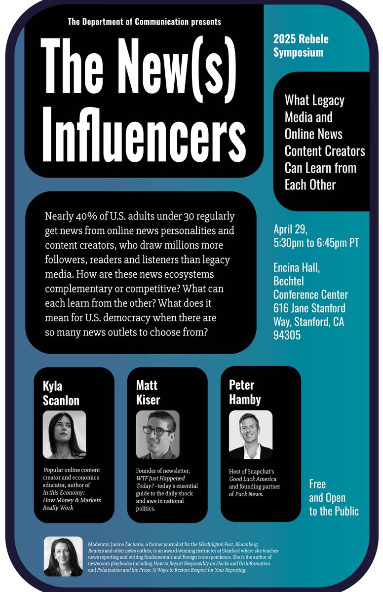 APRIL 29: Rebele Symposium 2025 - The New(s) Influencers — What Legacy Media and Online News Content Creators Can Learn from Each Other

events.stanford.edu/event/2025-reb…