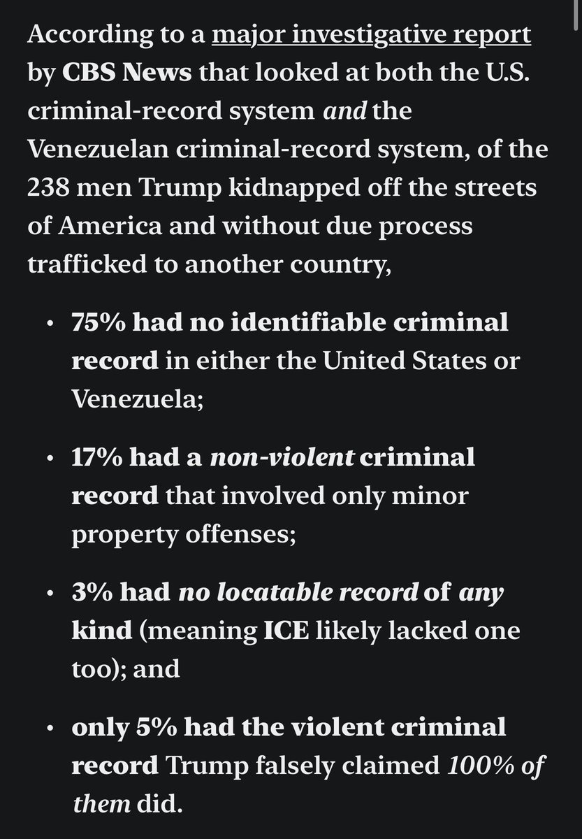 The craziest part, other than reviving the USA slave trade, is that 75%+ of these men don’t have a criminal history *at all*, let alone a violent one. 

Yall should absolutely read the full article this is worse than anyone thought. 
open.substack.com/pub/sethabrams…