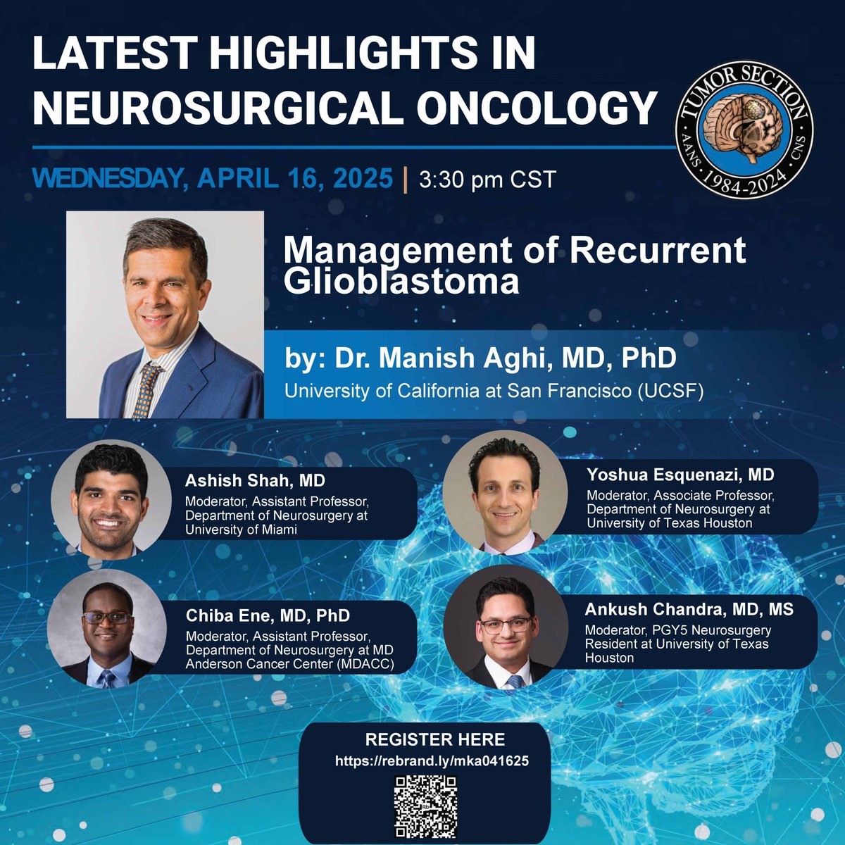 UT Houston Neurosurgery (@neurosurguth) on Twitter photo Excited about <a href="/NSTumorSection/">NS Tumor Section</a>'s next webinar! Come learn about Management of Recurrent Glioblastoma with <a href="/ManishKAghi/">Manish Aghi, MD PhD</a> from <a href="/NeurosurgUCSF/">UCSF Neurosurgery</a> in Latest Highlights in Neurosurgical Oncology series on 04/16/25 at 3:30pm CST. Register here: rebrand.ly/mka041625 Excited about <a href="/NSTumorSection/">NS Tumor Section</a>'s next webinar! Come learn about Management of Recurrent Glioblastoma with <a href="/ManishKAghi/">Manish Aghi, MD PhD</a> from <a href="/NeurosurgUCSF/">UCSF Neurosurgery</a> in Latest Highlights in Neurosurgical Oncology series on 04/16/25 at 3:30pm CST. Register here: rebrand.ly/mka041625