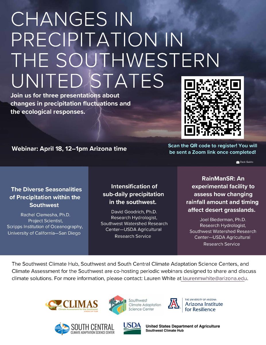 SWfirescience's tweet photo. Curious about precipitation fluctuations in the Southwest, and what these changes mean for ecosystems and communities? Check out this Friday, April 18th webinar from 12-1 (Arizona time) hosted by @CLIMAS_UA ⬇️  🌦️

https://t.co/hPg8wXJQ9A

#climate #southwest #Arizona #NewMexico https://t.co/orgpDEj96I