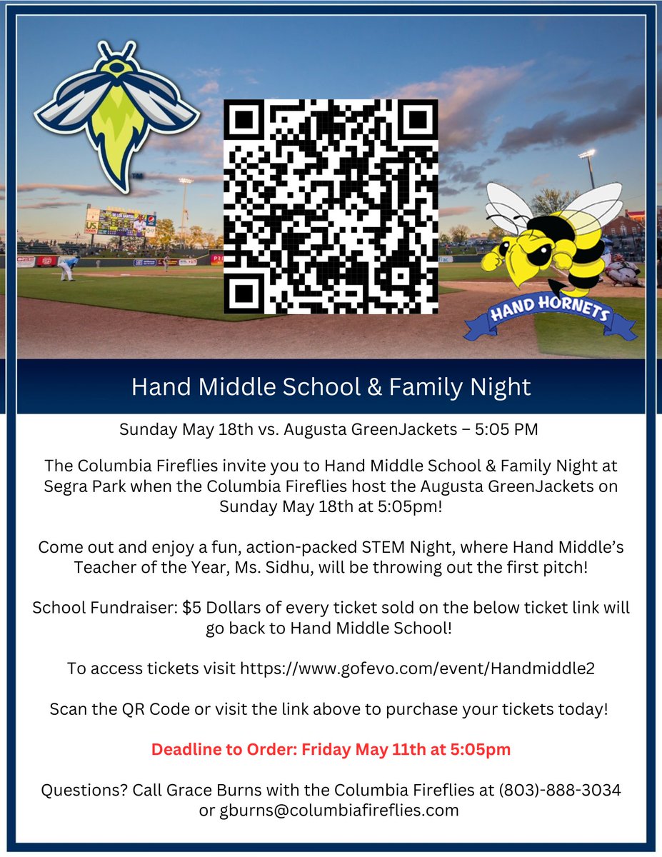 Hand Middle School (@handmiddlesc) on Twitter photo Join us at a Fireflies game on Sunday May 18 and watch our very own Teacher of the Year, Mrs. Sidhu, throw out the first pitch!  See the attached flyer for more info. Join us at a Fireflies game on Sunday May 18 and watch our very own Teacher of the Year, Mrs. Sidhu, throw out the first pitch!  See the attached flyer for more info.