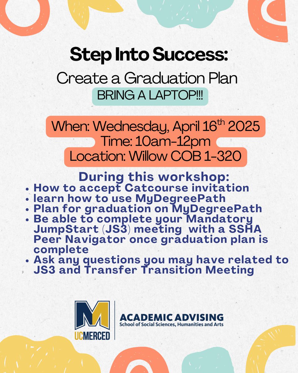 Feeling overwhelmed about graduation requirements? 🤔 We've got you covered! Join us for "Step Into Success: Create a Graduation Plan" next Wednesday, April 16th, 10am-12pm in Willow COB 1-320. We'll help you navigate CatCourse, MyDegreePath, and your mandatory JS3 meeting.