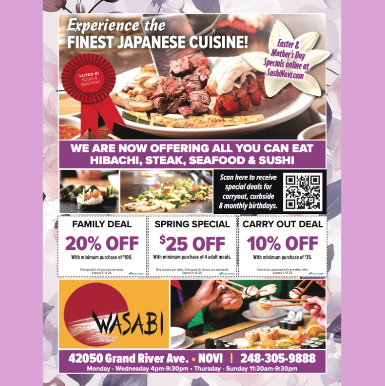 WasabiNovi's tweet photo. 🌸 Celebrate with Wasabi this Spring! Enjoy our All-You-Can-Eat specials, perfect for celebrating Easter and Mother's Day! 🍣

💐 Treat yourself and your loved ones — visit our website to learn more! https://t.co/7VI6VUgp1S

#WasabiSpecials #EasterTreats #MothersDayDelights https://t.co/aBVaVJ0y9f