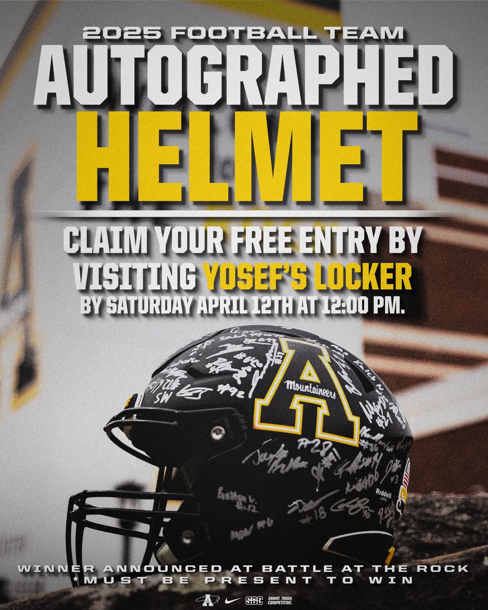 App State Athletics (@appstatesports) on Twitter photo Stop by Yosefâs Locker before noon on Saturday and get a chance to win an autographed helmet! 
đ¨Must be present at the Battle at The Rock spring game to winđ¨
Yosefâs Locker Store hours âŹď¸
 - 10-5 today & tomorrow
 - 9 a.m. until 1 hour after the game ends on Saturday 
#GoApp Stop by Yosefâs Locker before noon on Saturday and get a chance to win an autographed helmet! 
đ¨Must be present at the Battle at The Rock spring game to winđ¨
Yosefâs Locker Store hours âŹď¸
 - 10-5 today & tomorrow
 - 9 a.m. until 1 hour after the game ends on Saturday 
#GoApp