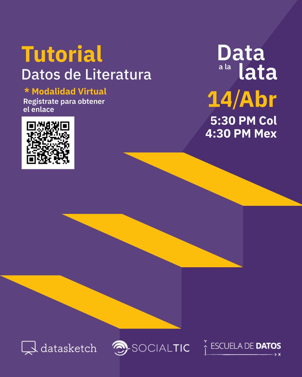 EscuelaDeDatos's tweet photo. #LATAM |

👩🏽‍💻📚 ¿Te gustan los libros y los datos?

✨ Súmate a este #DataALaLata junto a @datasketchlab y @EscueladeDatos ✨

📖📊 Exploraremos bases literarias para contar historias con datos

🗓 14.04.25 | 💻 Virtual
🕠 5:30 🇨🇴 | 4:30 🇲🇽

📋 Únete ACÁ ➡️ https://t.co/r7hX22tfCZ https://t.co/gxsu3mqi9D