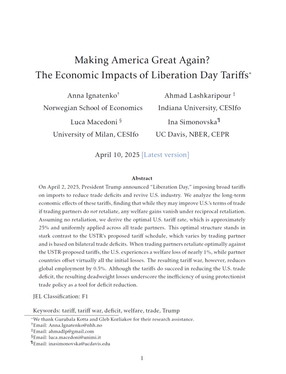int_mon_econ's tweet photo. Wow, some economists are faster than others!

"Making America Great Again? The Economic Impacts of Liberation Day Tariffs" by Anna Ignatenko, Ahmad Lashkaripour, Luca Macedoni, and Ina Simonovska.

"We analyze the long-term economic effects of these tariffs, finding that while they may improve U.S.’s terms of trade if trading partners do not retaliate, any welfare gains vanish under reciprocal retaliation."

"Although the tariffs do succeed in reducing the U.S. trade deficit, the resulting deadweight losses underscore the inefficiency of using protectionist trade policy as a tool for deficit reduction."

https://t.co/FvrjB9WwS4