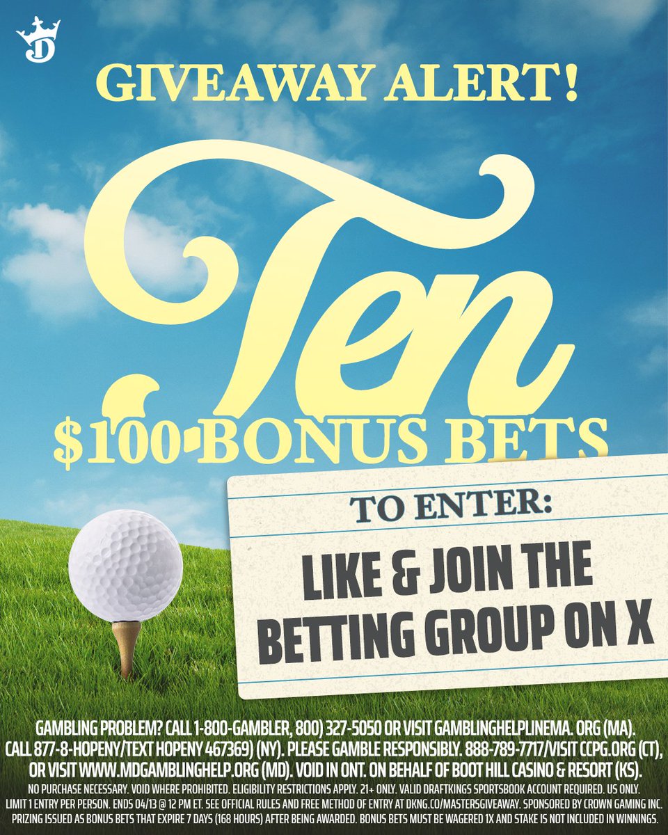 DKSports's tweet photo. Happy Masters Week to all who celebrate! We're giving away $100 Bonus Bets to ten of our followers ⛳️

To enter, simply:
✅ Like this post
✅ Join our Community Betting Group 

10 Winners | $100 Bonus Bet | Ends 4/13/24 | Rules: https://t.co/rHsrI1KeWk https://t.co/NS6Paftvrv