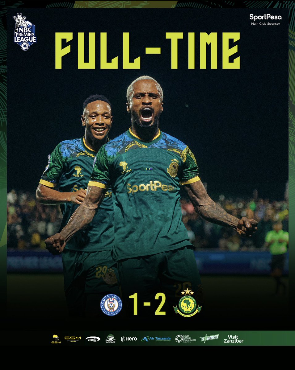 YoungAfricansSC's tweet photo. 𝐅𝐔𝐋𝐋 𝐓𝐈𝐌𝐄⏱️| #NBCPremierLeague 

Azam FC 1-2 Young Africans SC

#TimuYaWananchi 
#DaimaMbeleNyumaMwiko https://t.co/9RfHfpybGt