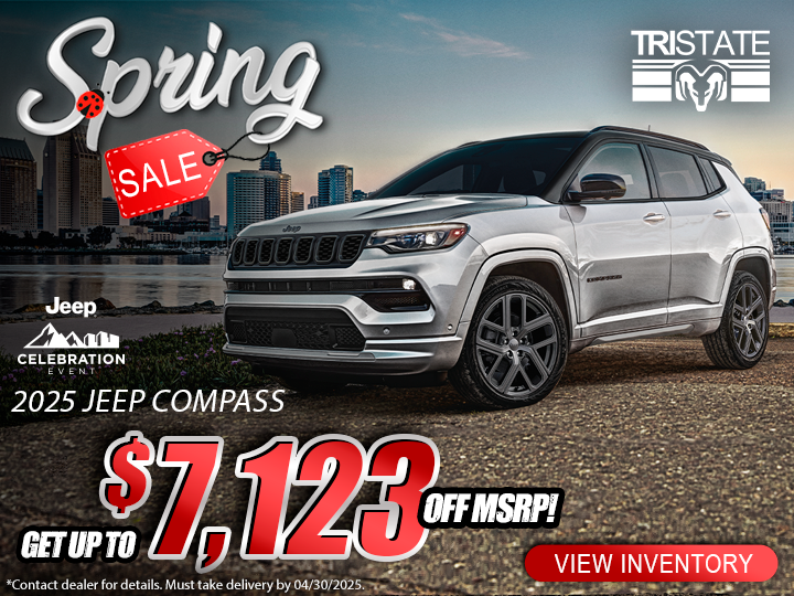 TriStateCDJR's tweet photo. 💥 Get up to $7,123 OFF MSRP on the 2025 Jeep Compass at Tri-State CDJR! Don’t miss out on this incredible deal—visit us today! #JeepCompass #TriStateCDJR #CarDeals #JeepSavings #NewCar

https://t.co/ErzWmc9Yrw https://t.co/hWasbswv4k