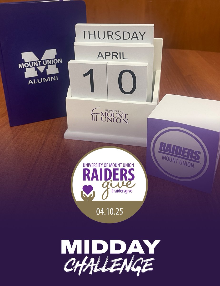 Break out of the midday lull and celebrate Mount Union! Starting at 2 p.m., the next 4 alumni donors will receive Mount Union desk supplies!

Make your #RaidersGive gift now: raidersgive.mountunion.edu