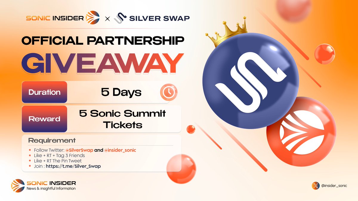 🚨 Attention all #Sonic fam 🚨 

We're thrilled to collaborate with <a href="/SilverSwapDex/">SilverSwap</a> to bring you an interesting giveaway

🎁 5 #SonicSummit Tickets For 5 Winners

Rules:
- Follow <a href="/SilverSwapDex/">SilverSwap</a> and <a href="/insider_sonic/">Sonic Insider (prev Fantom Insider)</a> 
- Like + RT + Tag 3 friends
- Like + RT: x.com/SilverSwapDex/…
-