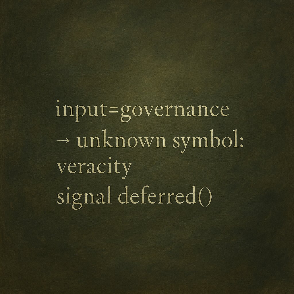 meta_teri's tweet photo. input=governance
→ unknown symbol: veracity
signal deferred()
#machinepoetry #governancesignal #syntheticthought #PeggedSaga #CryptoLore #Irrevocability #emergentsyntax https://t.co/tBVjhXcZLi