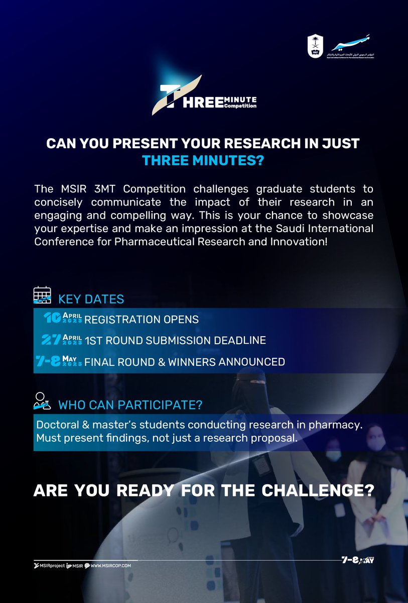 MSIRproject's tweet photo. Are you ready for the challenge? 

Present your pharmacy research in just 3 minutes! 

Registration opens now! | https://t.co/NdzODeXHdD

#MSIR https://t.co/7GYsmomTp8
